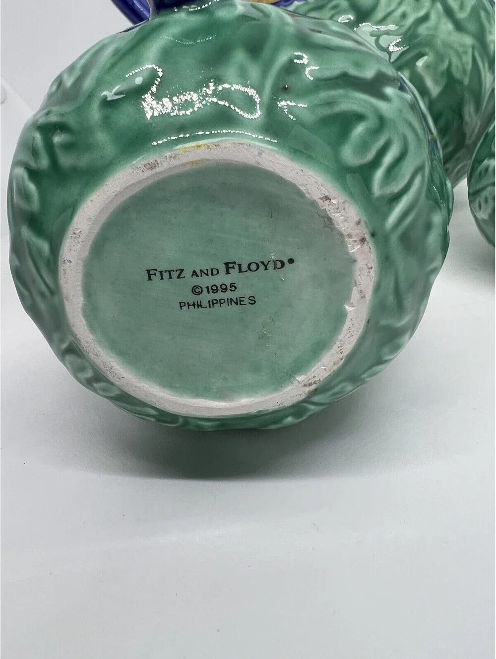 Fitz and Floyd Tea Set Pear Finial Majolica Glaze Green Blue Mid 90s 1995